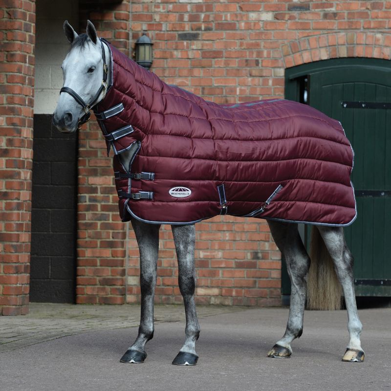 grey horse stood outside wearing weatherbeeta combo stable rug in maroon 