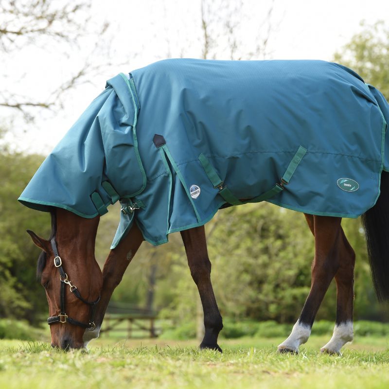 bay horse outside grazing wearing weatherbeeta turnout rug with detachable neck