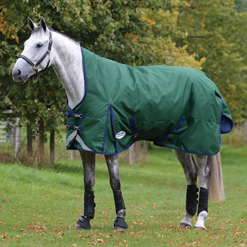 grey horse stood outside wearing green weatherbeeta turnout rug with high neck