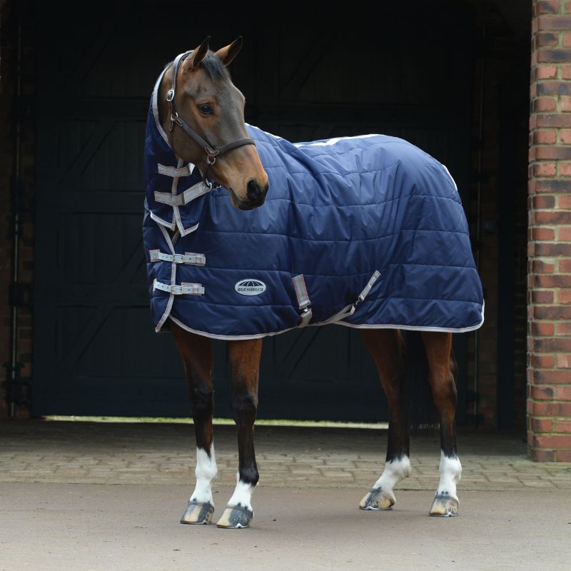 bay horse stood outside wearing weatherbeeta comfitec 210d channel quilt combo neck medium lite navy stable rug