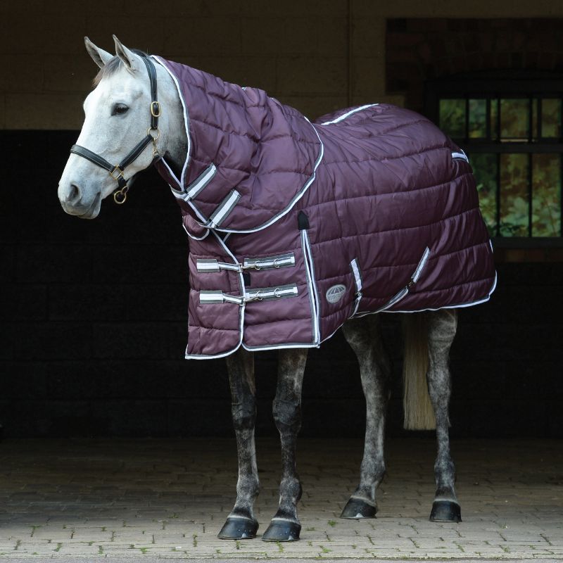 grey horse stood outside wearing weatherbeeta comfitec pp channel quilt II detach a neck medium stable rug