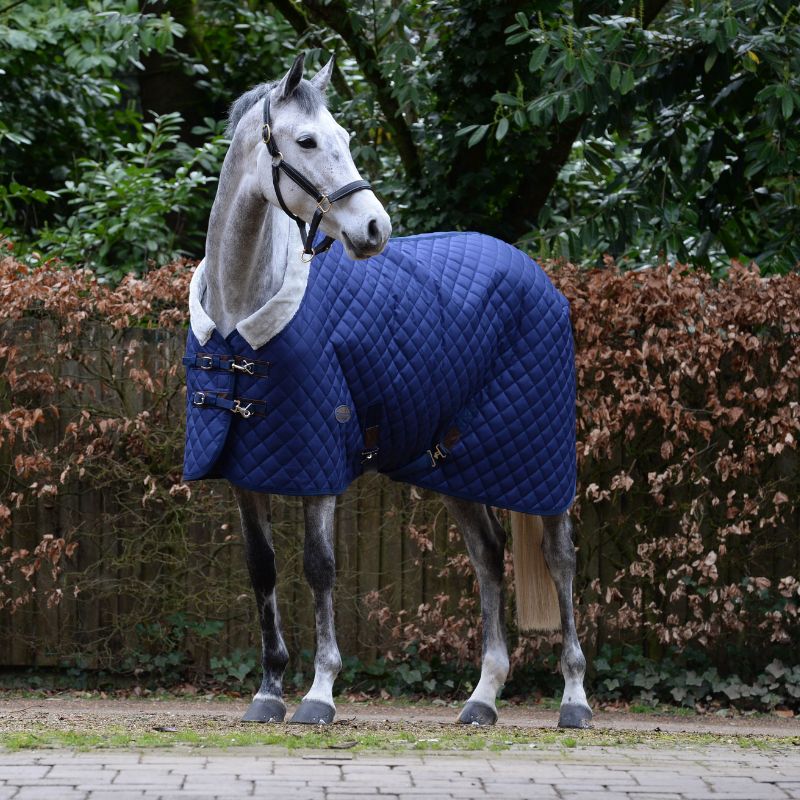 grey horse stood outside wearing weatherbeeta comfitec deluxe diamond quilt standard neck medium rug in navy